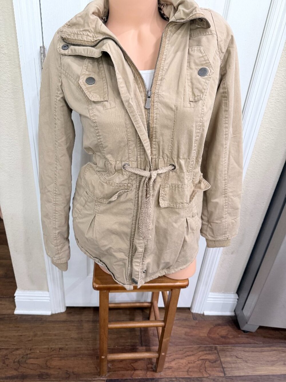LA Hearts S Tan Cotton Utility Parka Sherpa Hood Floral Lined Jacket